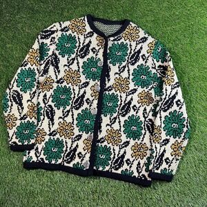 Vintage European Wool Cardigan Alpine Tyrolean Floral Folk M/L Green Golden Knit